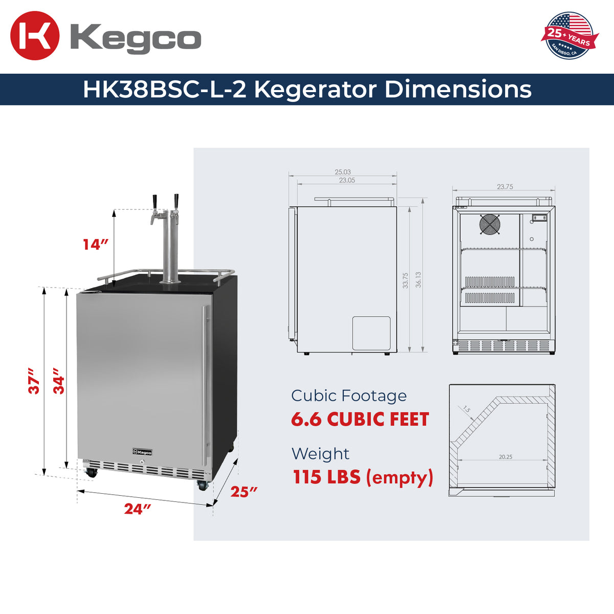 HK38SSC-L-2 Kegerator Dimensions