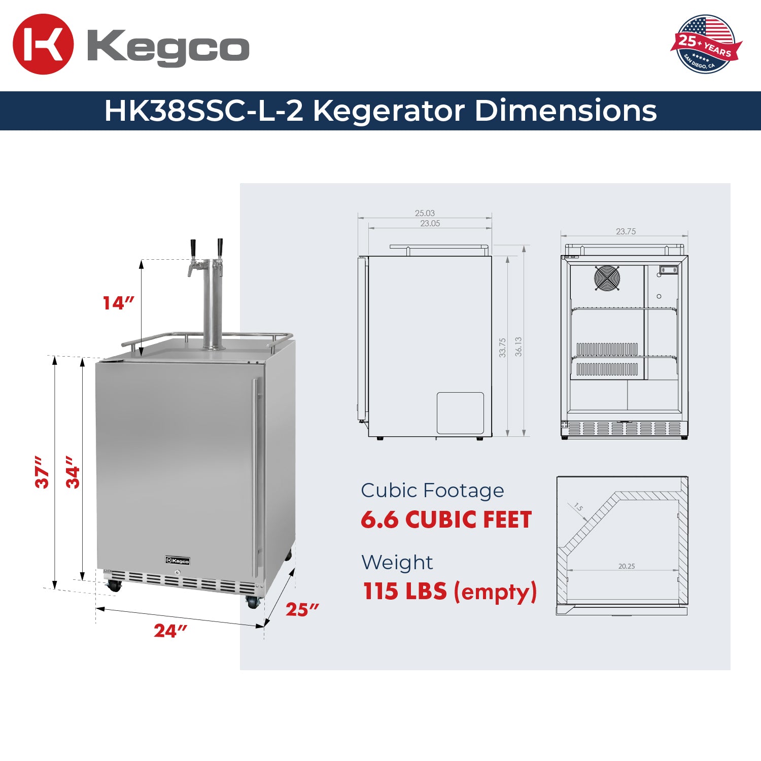 HK38SSC-L-2 Kegerator Dimensions