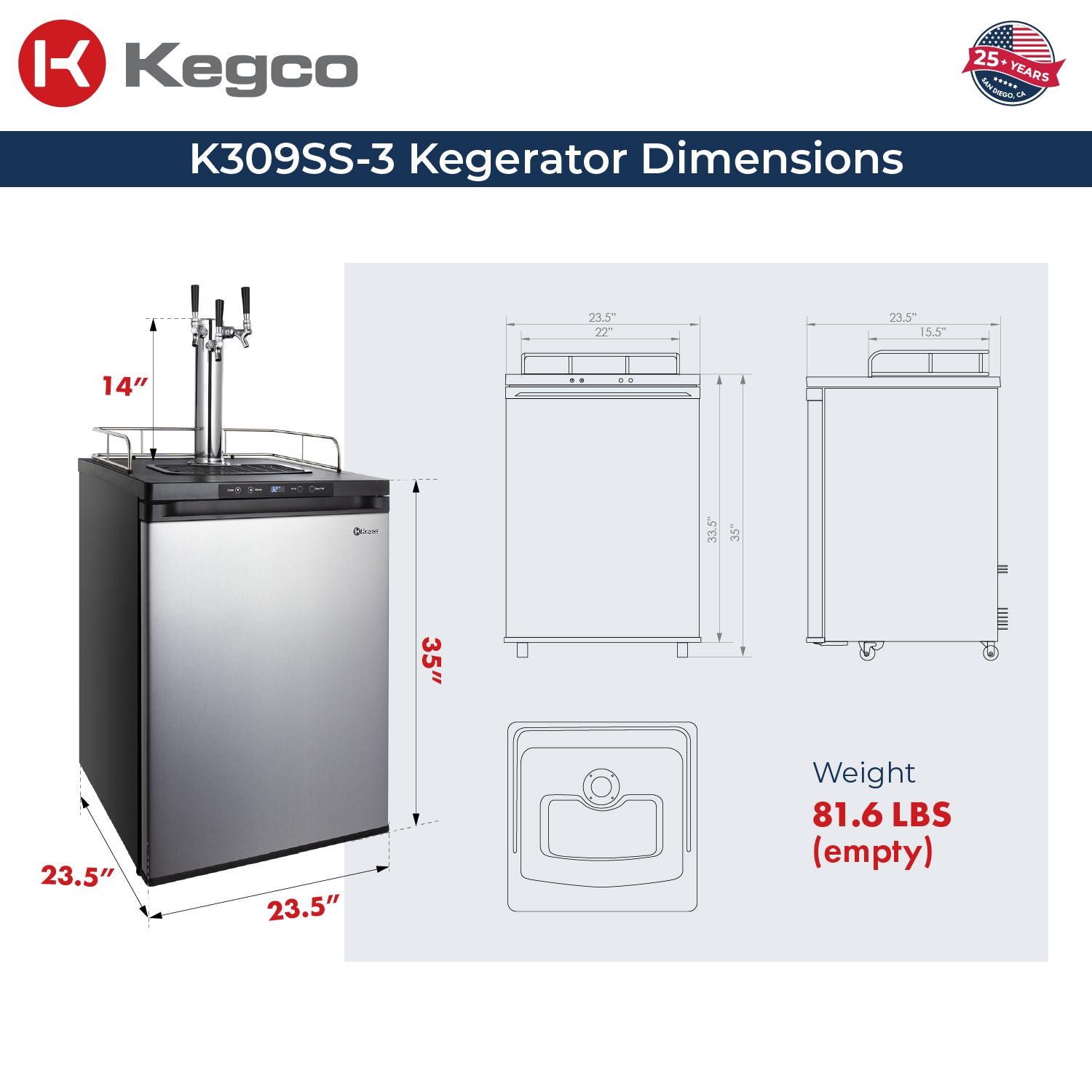 Digital Kegerator K309SS-3 Dimensions