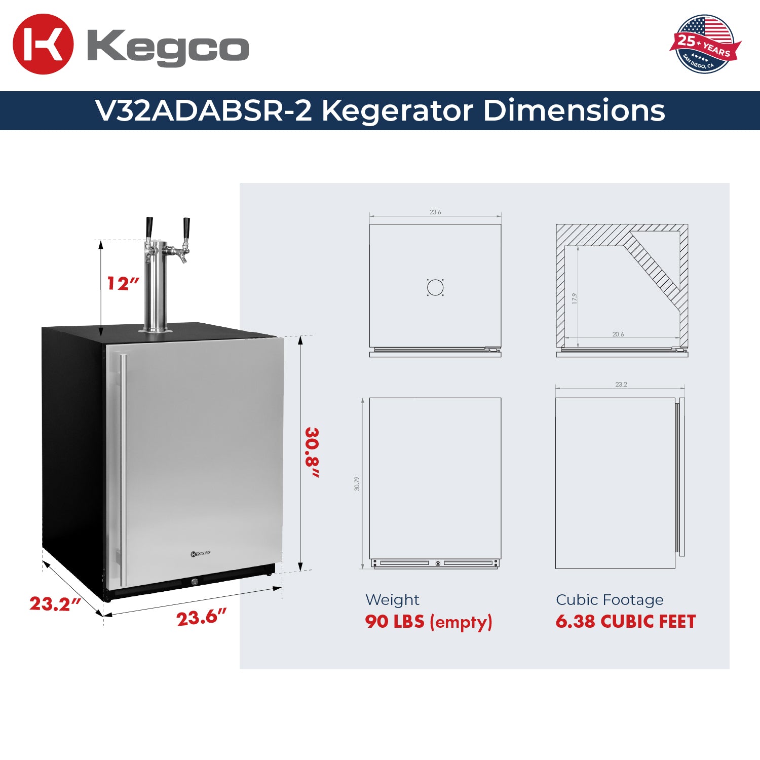 V32ADABSR-2 Kegerator Dimensions