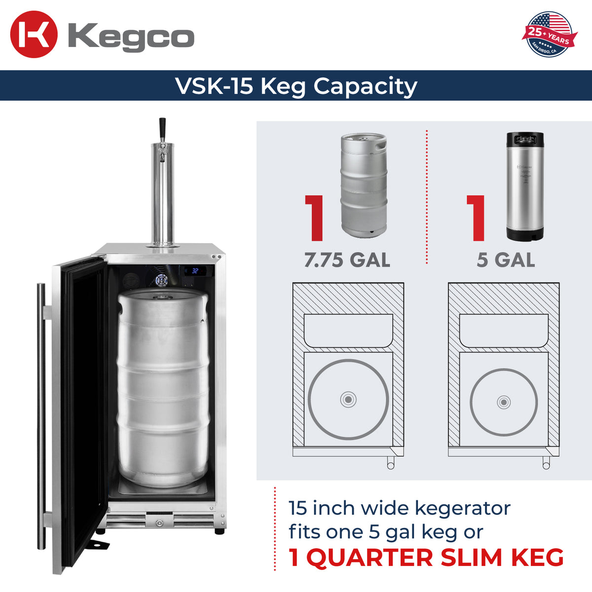 Kegco VSK-15O-SSL keg capacity