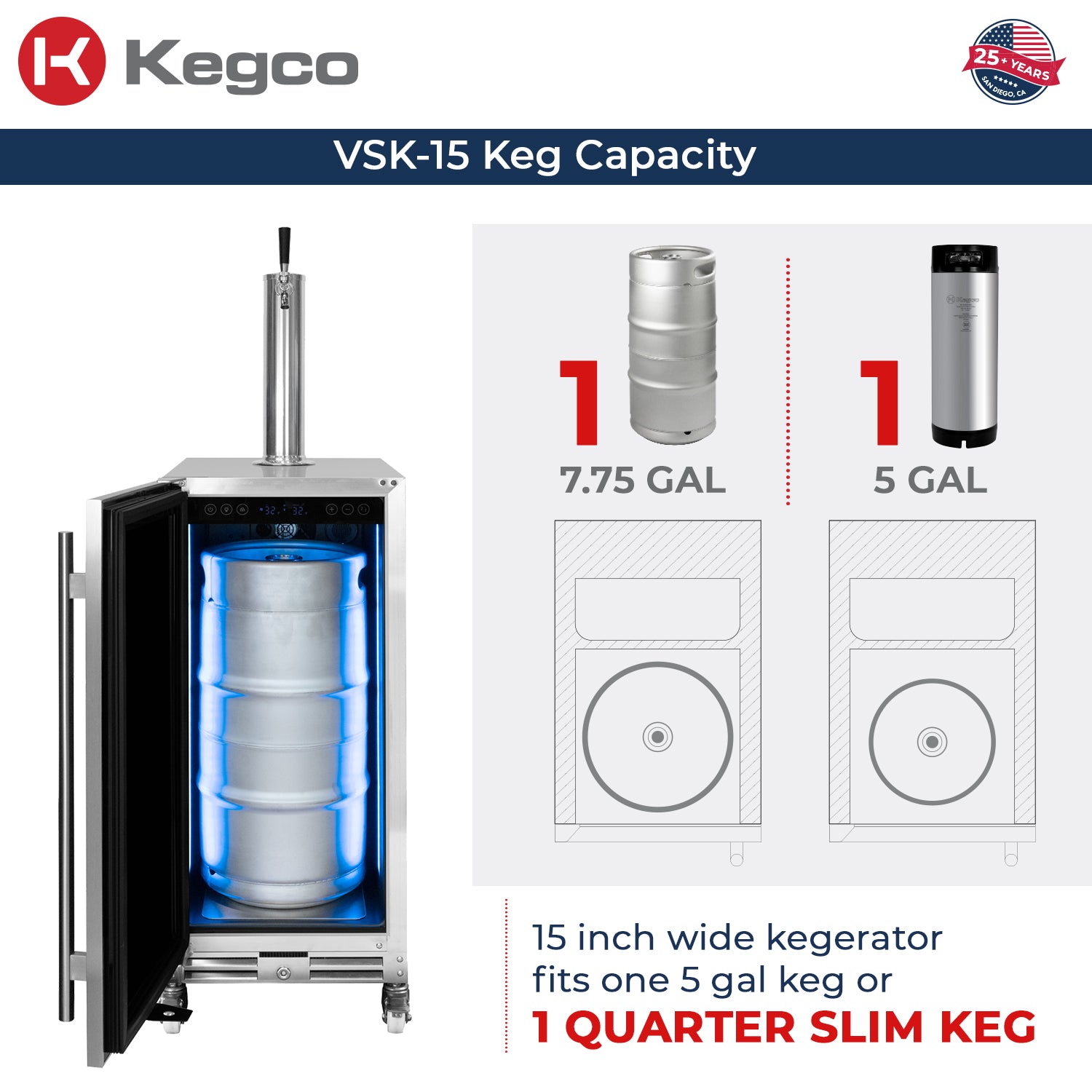 Kegco VSK-15O-SSL keg capacity