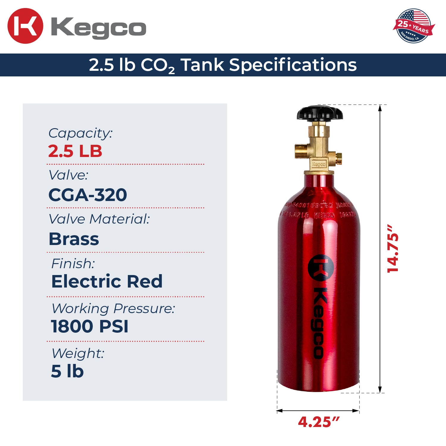 Kegco 2.5 lb. Aluminum Co2 Tank with Electric Red Epoxy Finish