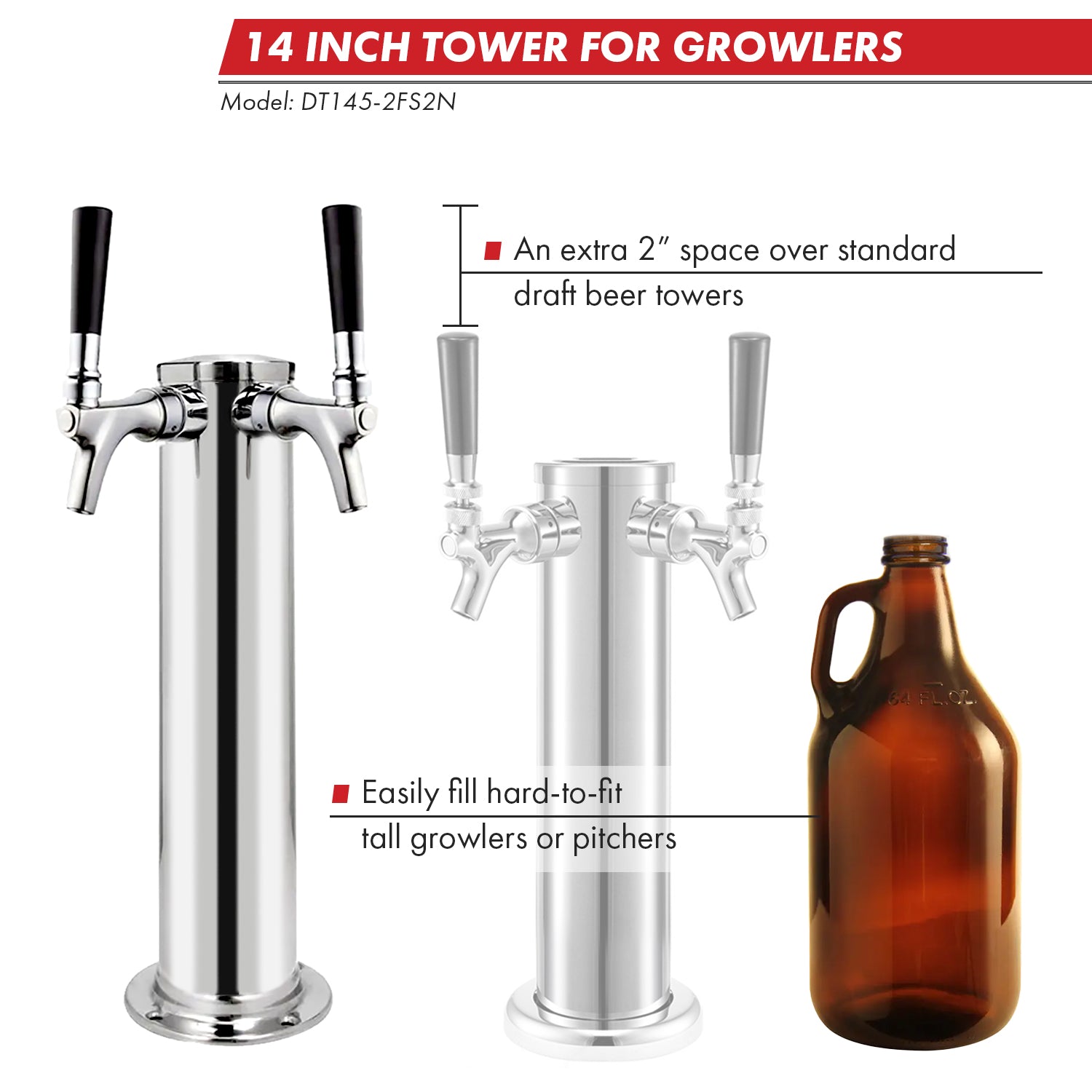 Kegco DT145-2FS2N 14 inch tall beer tower polished stainless steel dual faucet kegerator column