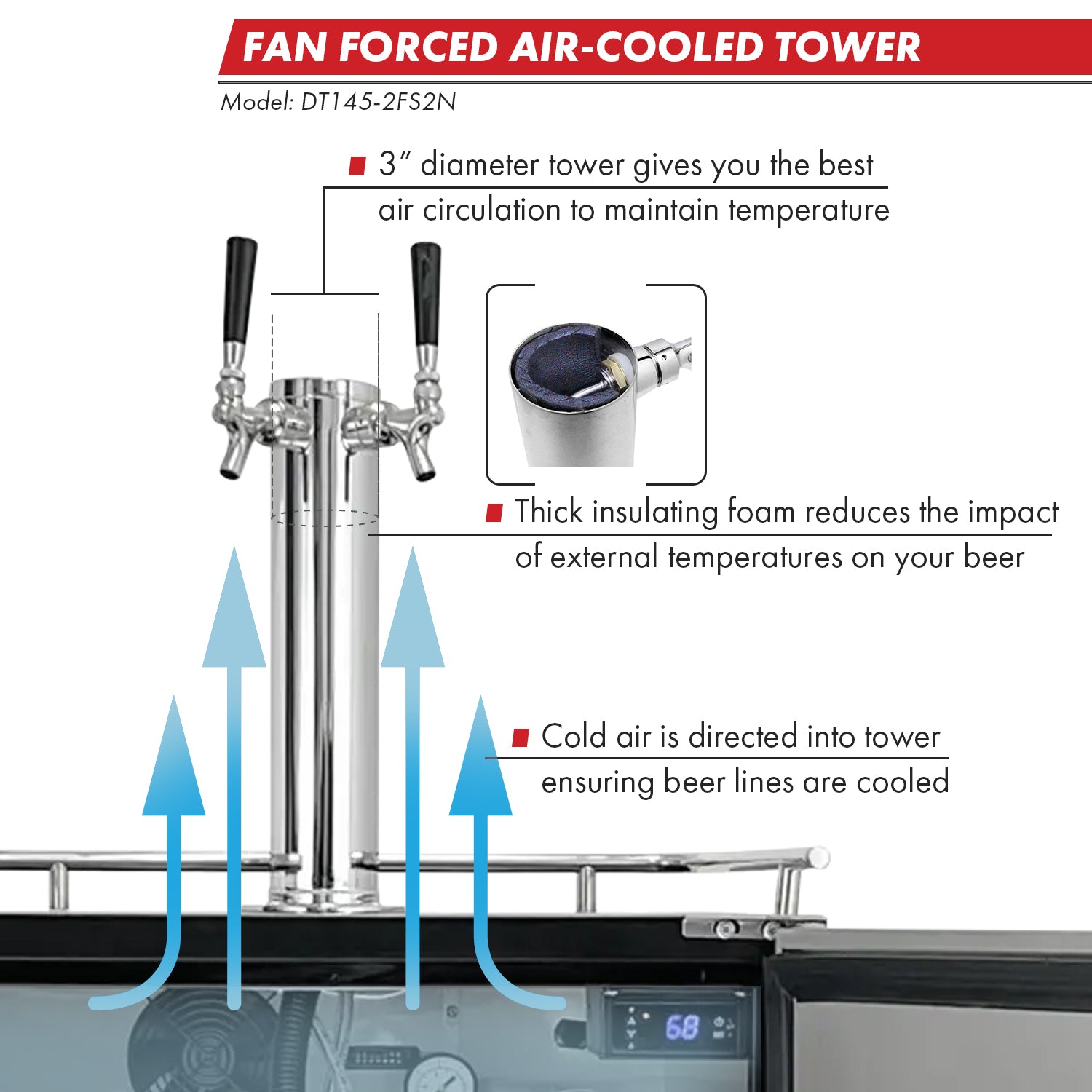 Kegco DT145-2FS2N 14 inch tall 3 inch diameter fan forced air cooled tower