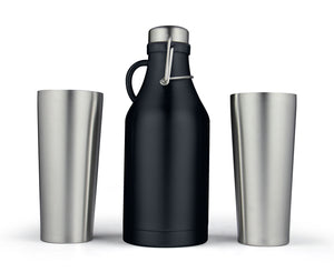 Black Growler with 2 Stainless Steel Pint Glasses