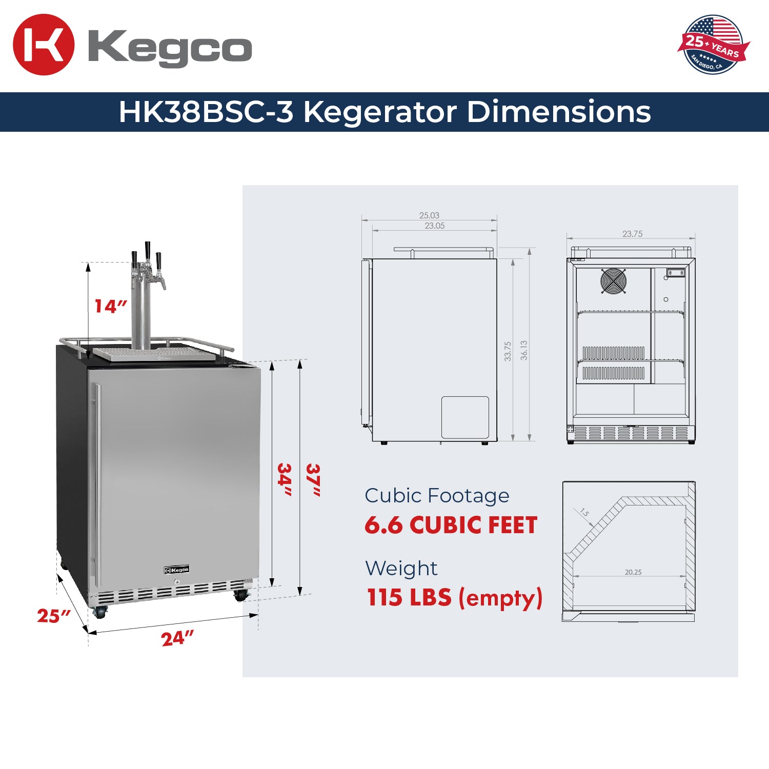 HK38BSC-3 Kegerator Dimensions