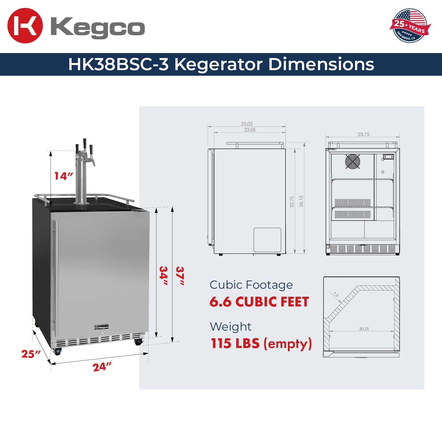 HK38BSC-3 Kegerator Dimensions