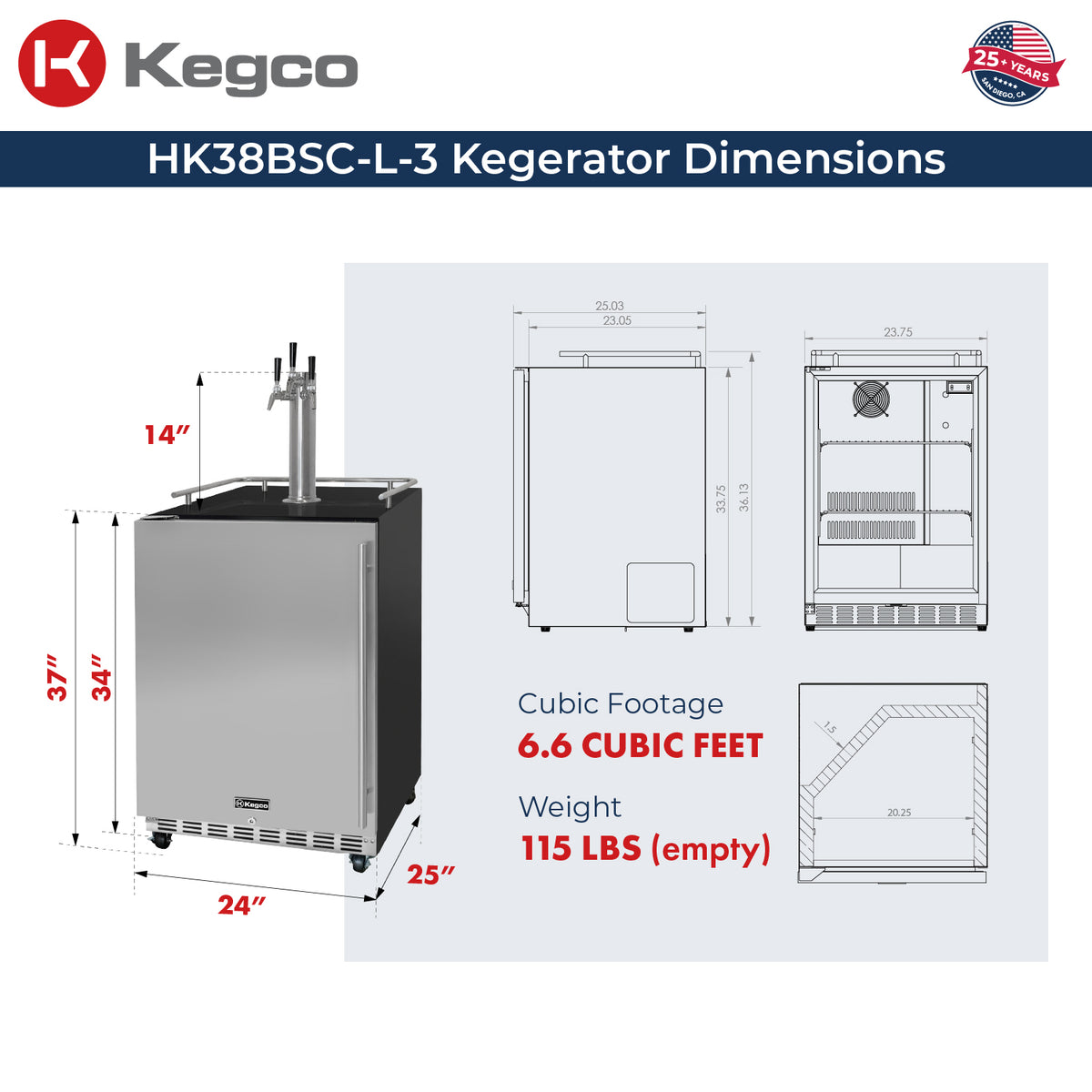 HK38BSC-L-3 Kegerator Dimensions