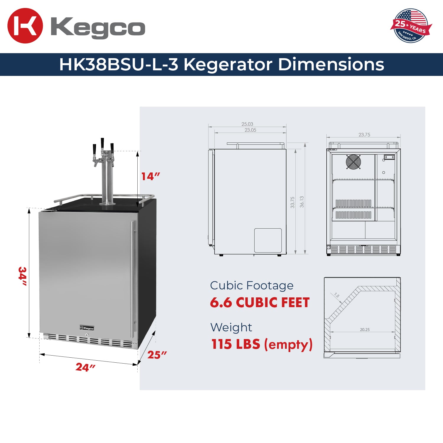 Kegco HK38BSU-L-3 Kegerator Dimensions