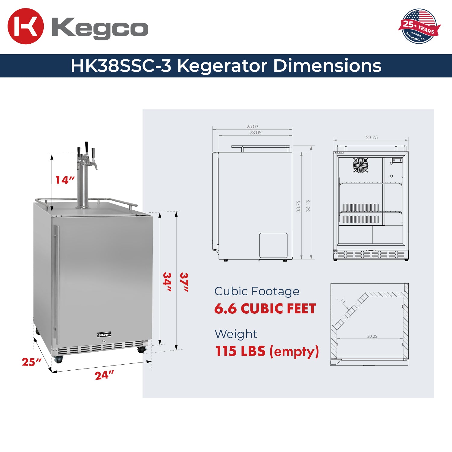 HK38SSC-3 Kegerator Dimensions