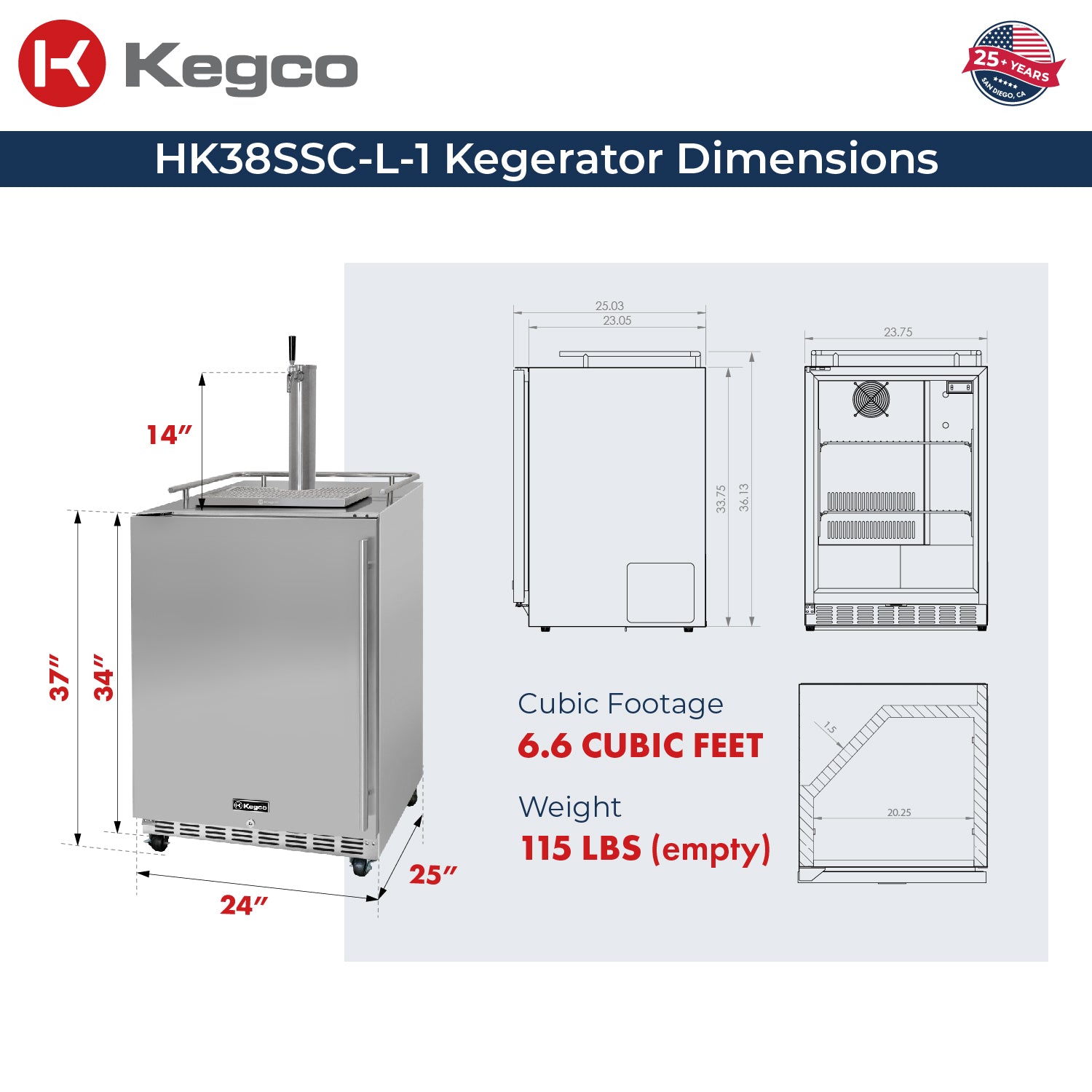 HK38SSC-L-1 Kegerator Dimensions