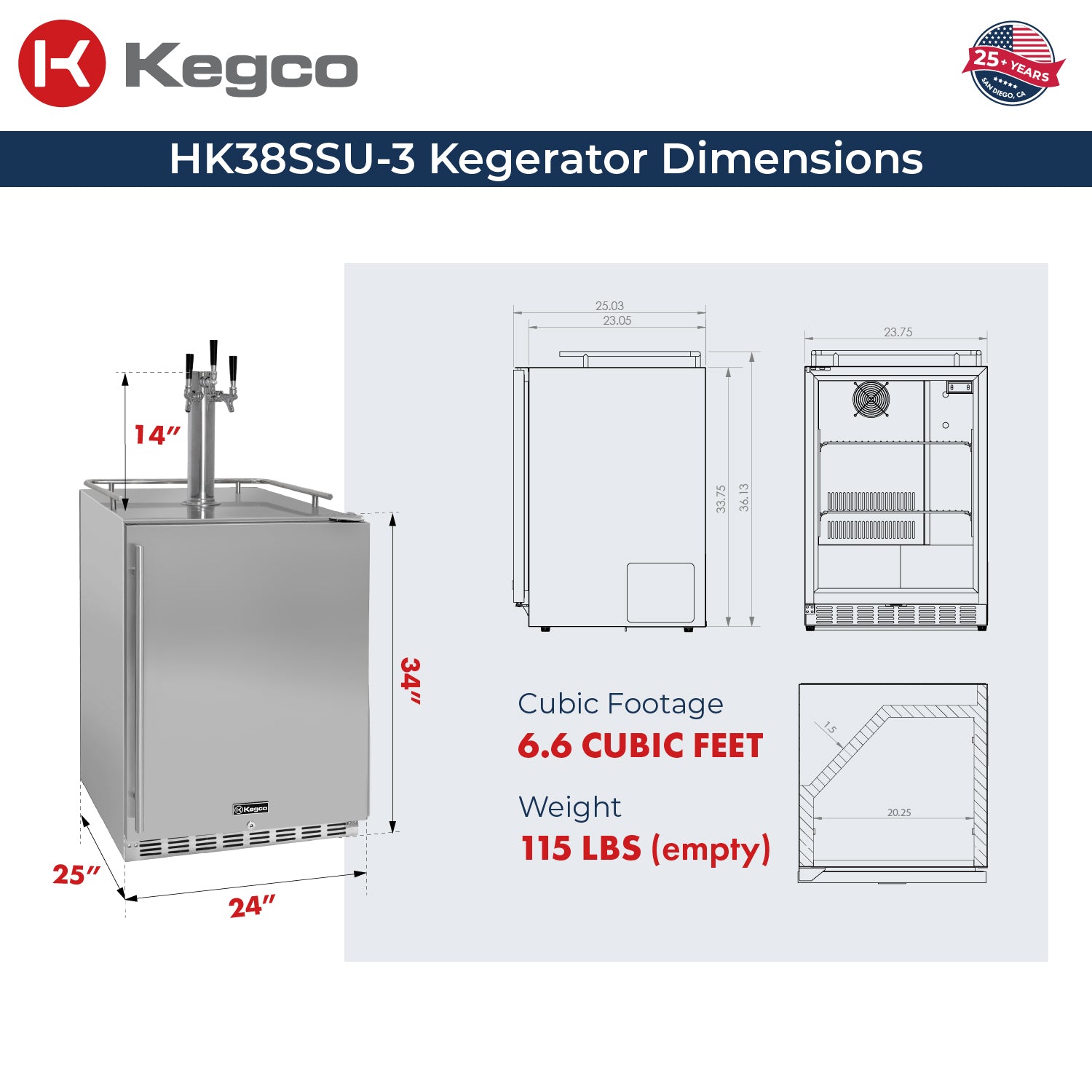 Kegco HK38SSU-3 Kegerator Dimensions