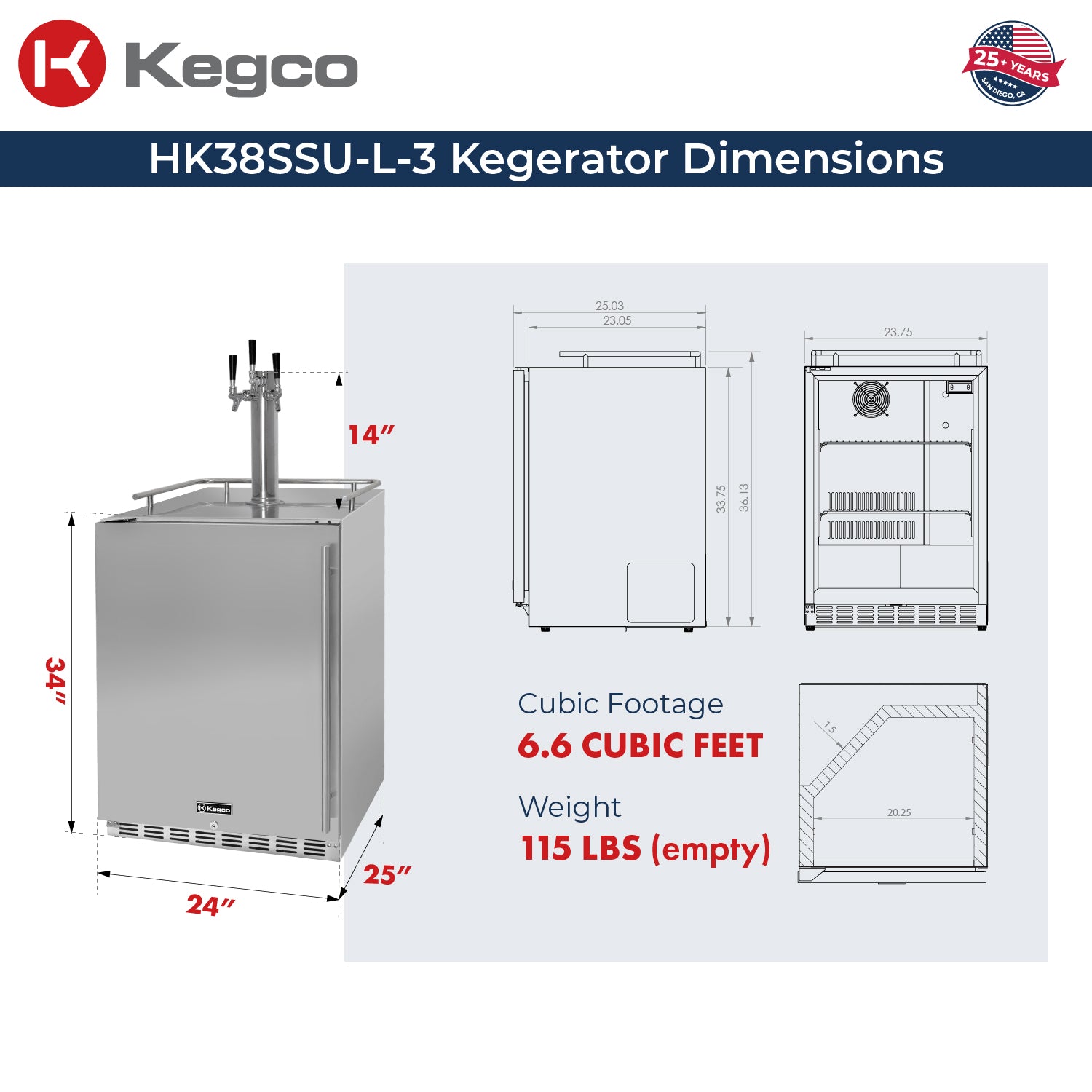 Kegco HK38SSU-L-3 Kegerator Dimensions