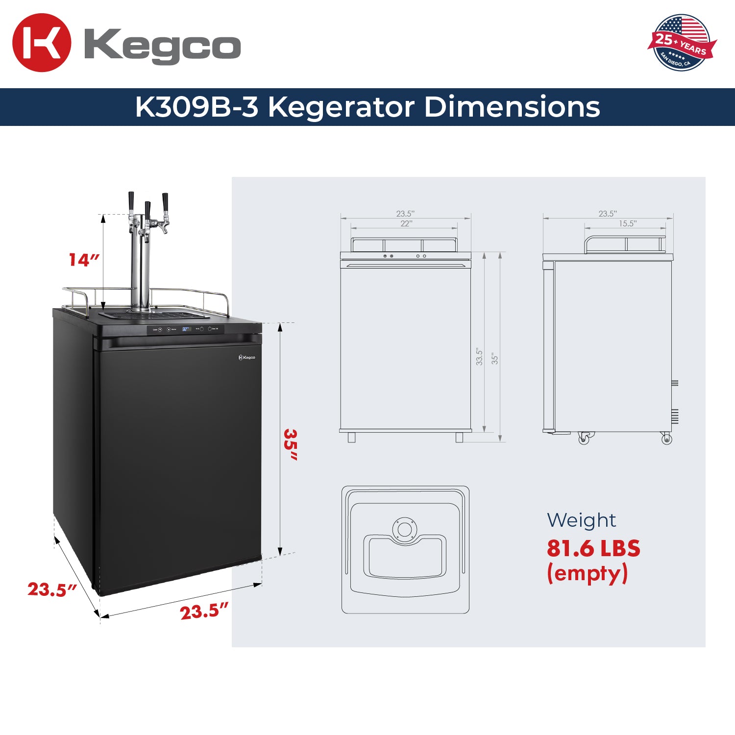 Digital Kegerator K309B-3 Dimensions