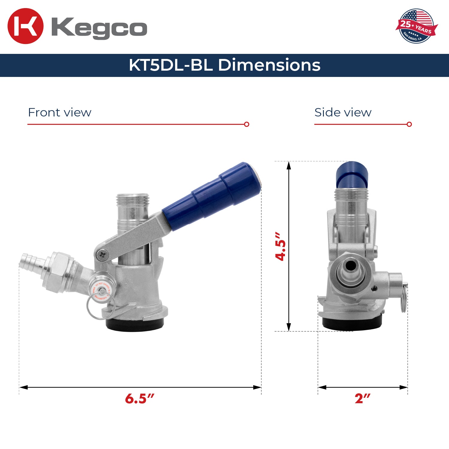 Kegco HU-KT5DL-BL D System Keg Coupler Dimensions
