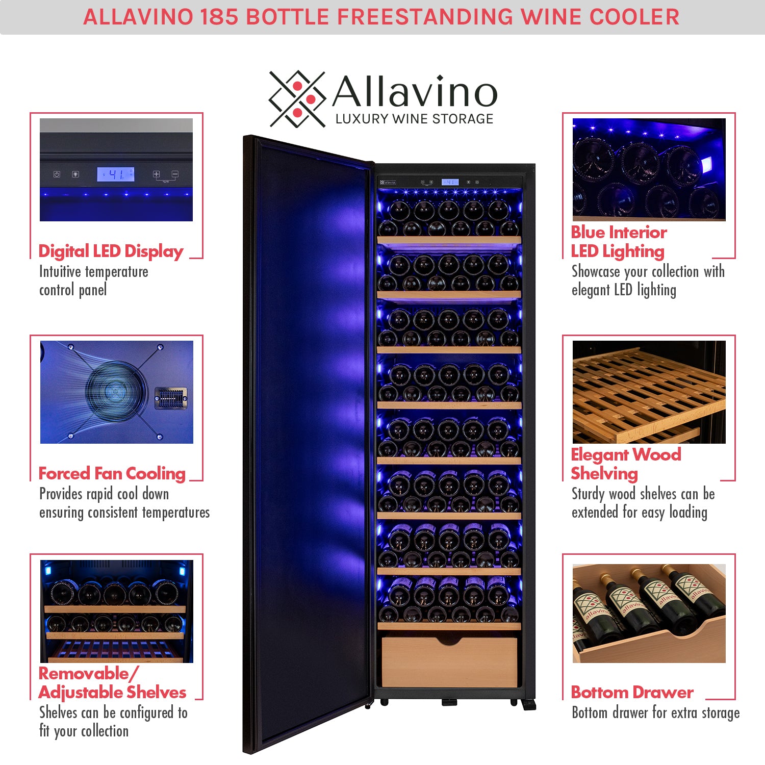 Allavino KWR-8185 185 bottle freestanding solid door wine refrigerator