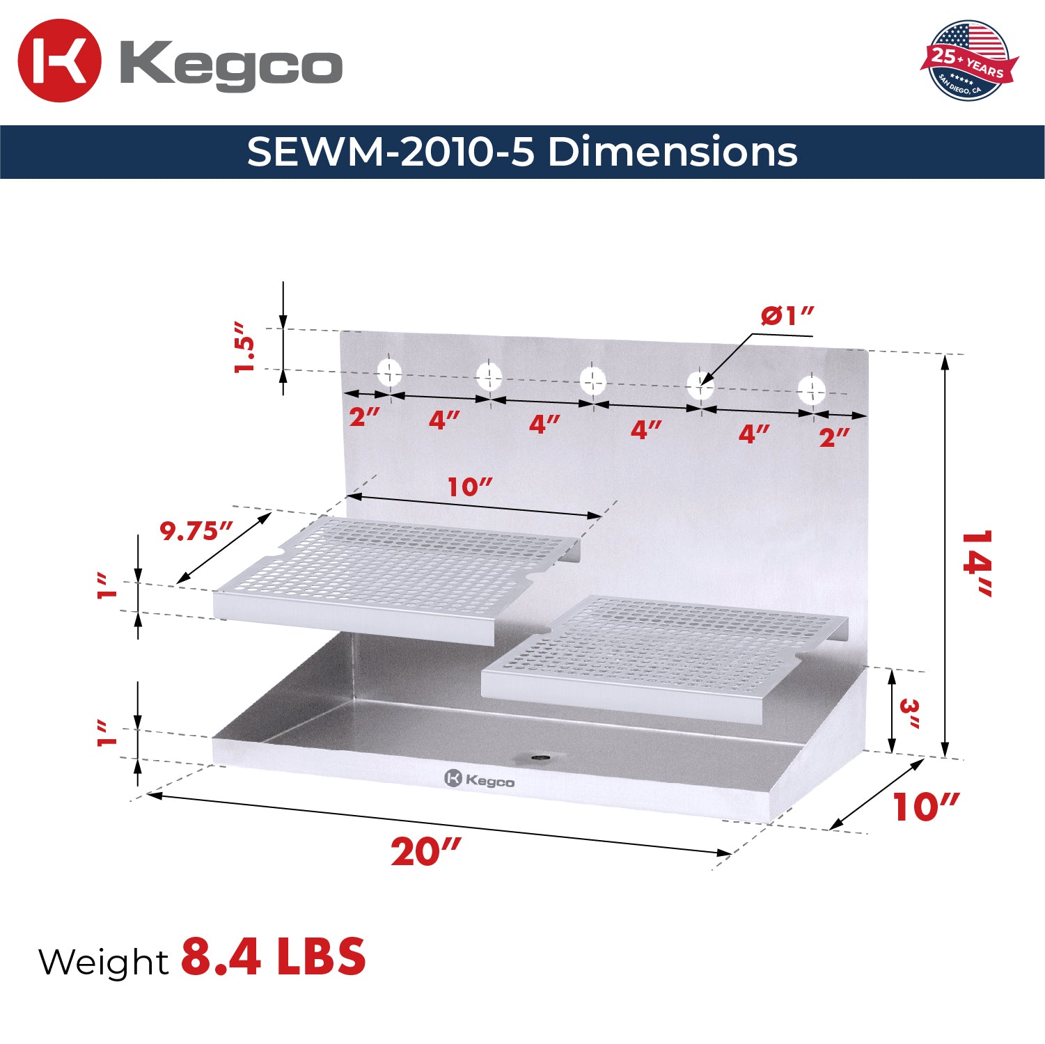 20" x 10" Wall Mount Drip Tray with Drain - 5 Shank Holes