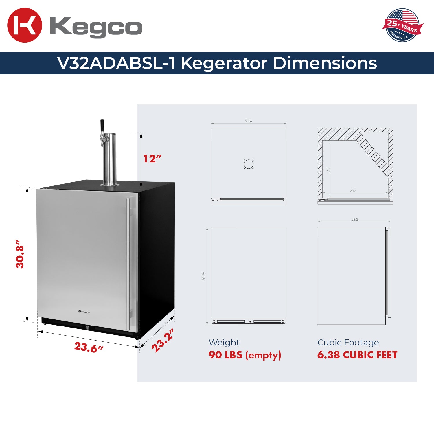 V32ADABSL-1 Kegerator Dimensions