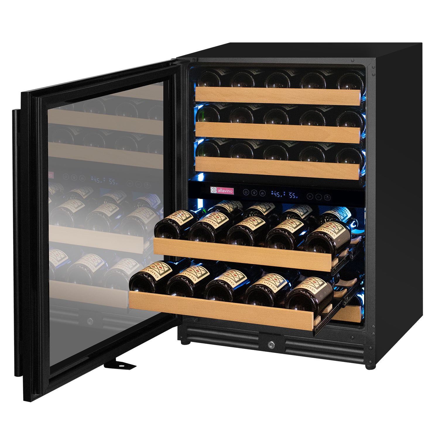 Reserva Series - 56 Bottle Dual Zone Built-in Luxury Wine Refrigerator with Black Door - Left Hinge