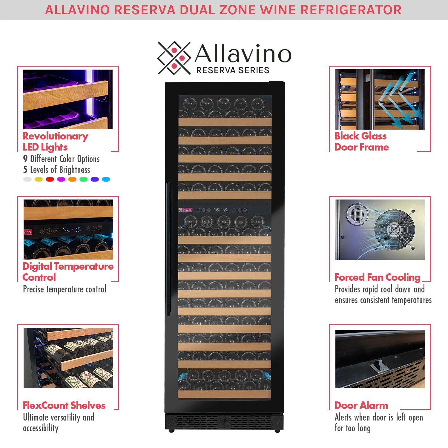 Allavino Reserva VSW71LD-2BGR LED black glass dual zone wine refrigerator