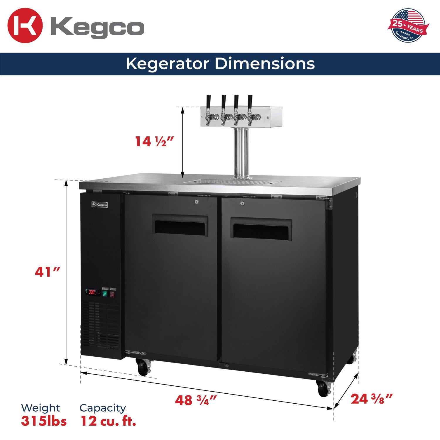 kegco XCK-2448B black commercial kegerator dimensions